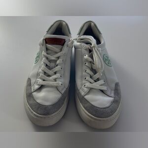 Tory Burch White Leather Sneakers with Gray Suede & Mint Logo
